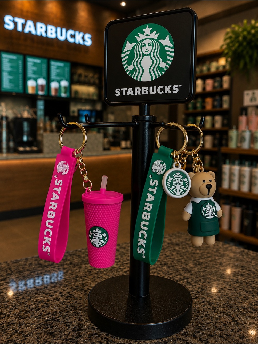 Starbucks Bearista Pink & Green Keyring Duo with Bear and Cup Charms